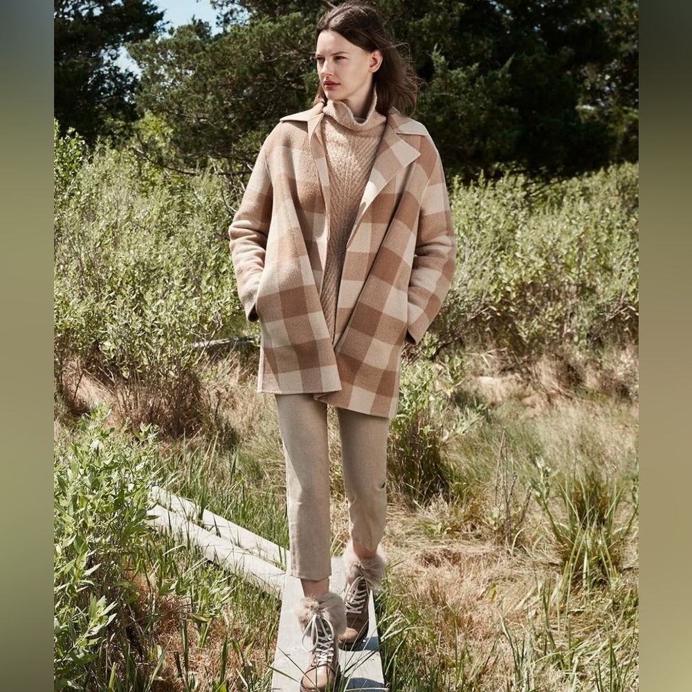 Theory Double-Faced Check Overlay Coat Camel Plaid Multi Check Wool Felt Open - Picture 2 of 14
